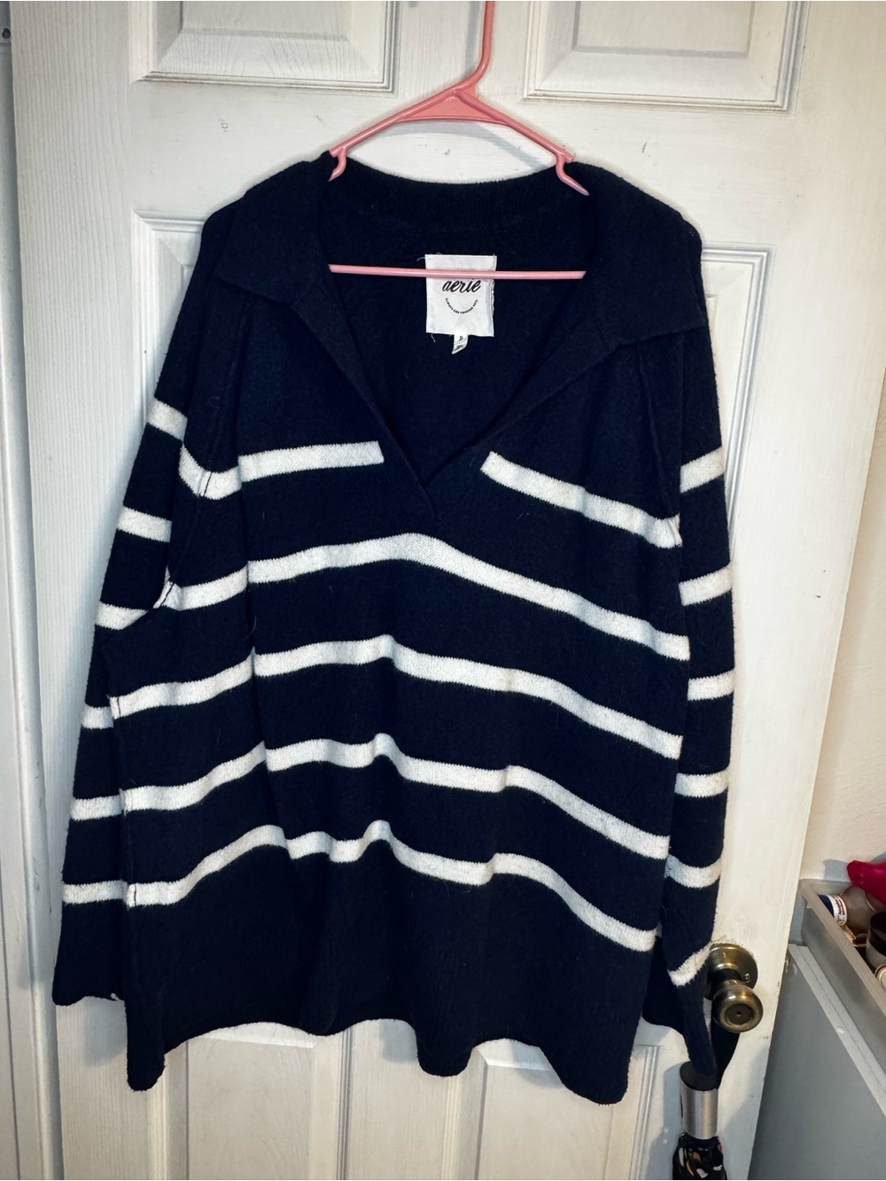 Aerie Navy & White Striped Collared Sweater XL | Oversized Coastal Knit Pullover